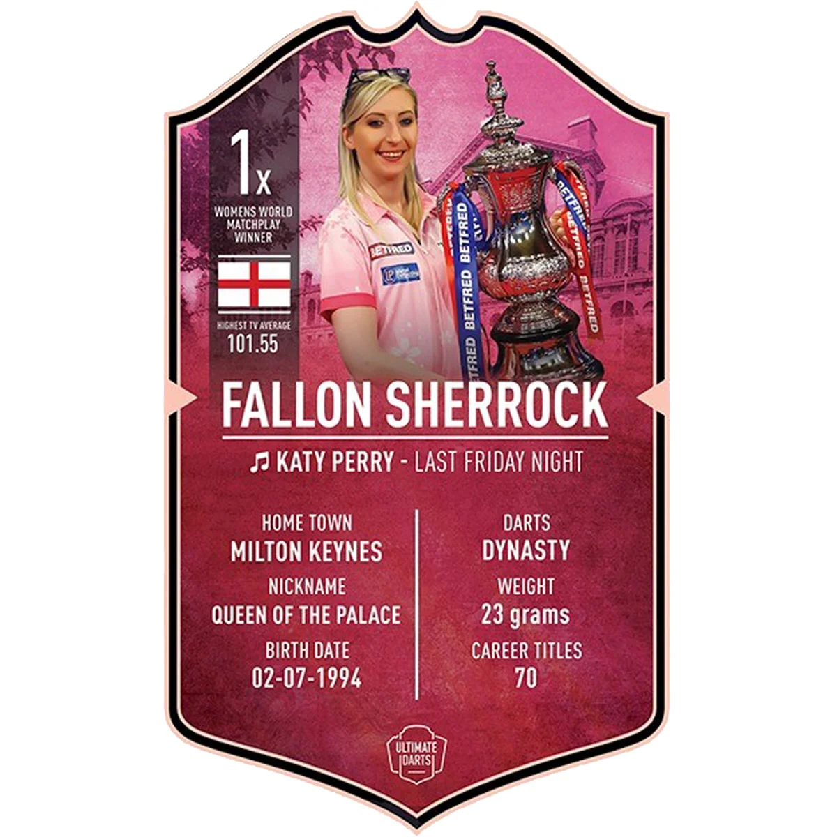 Ultimate Darts Card von :contentReference[oaicite:0]{index=0} – Queen of the Palace Sammlerstück mit Spielerprofil und Erfolgsdaten