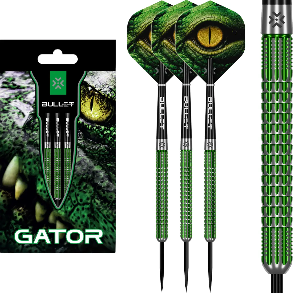 Bullet Gator Steeldarts mit Verpackung und drei montierten Darts im Alligator-Design