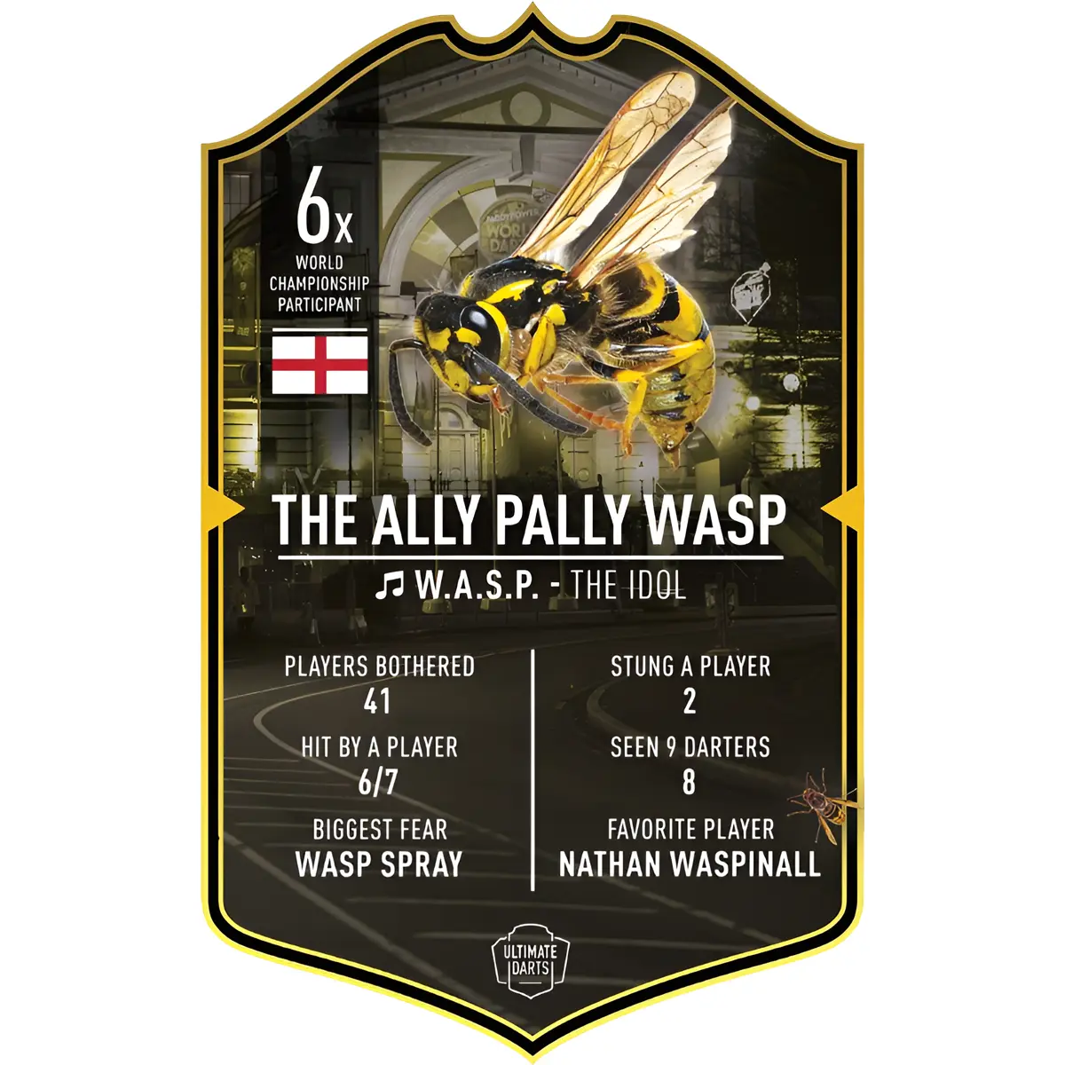 Ultimate Darts Card „The Ally Pally Wasp“ – Special Edition Sammlerstück mit ikonischem Wespenmotiv und humorvollen Turnierstatistiken