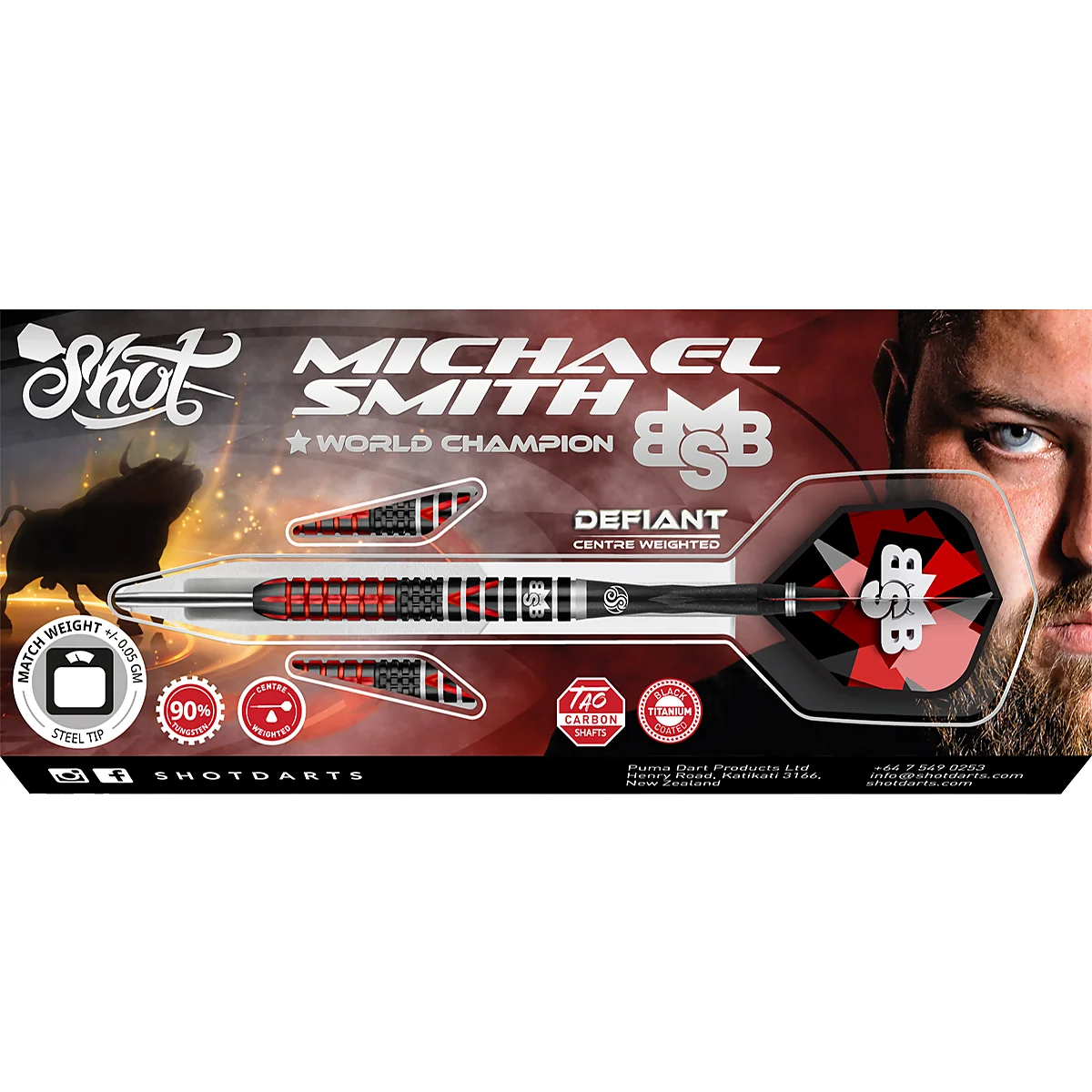 Shot Michael Smith Defiant Steeldarts – Originalverpackung mit Flights und Shafts Shot Michael Smith Defiant Steeldarts Verpackung mit Darts, Flights und Shot Logo