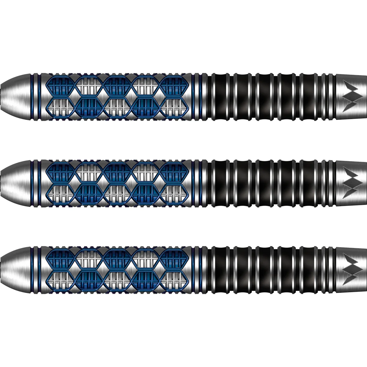 Hex-Grip Struktur des Mission Hexon Steeldart Barrels in blau-silber