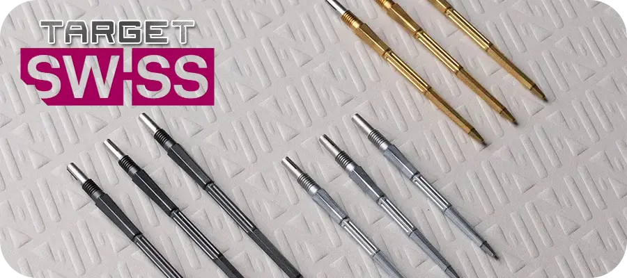 Target Swiss Point Dartspitzen Banner mit verschiedenen Swiss Point Spitzen in Gold, Silber und Schwarz