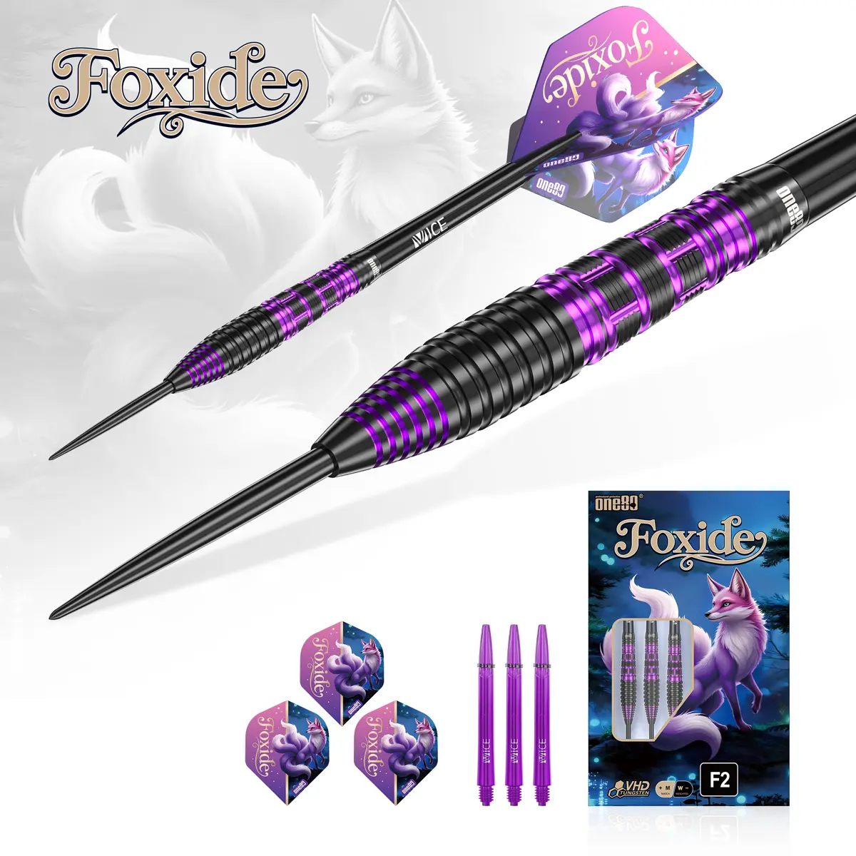 One80 Foxide F2 Steeldarts in dynamischer Ansicht – Torpedo-Barrel verjüngt zur Spitze für enge Gruppierungen