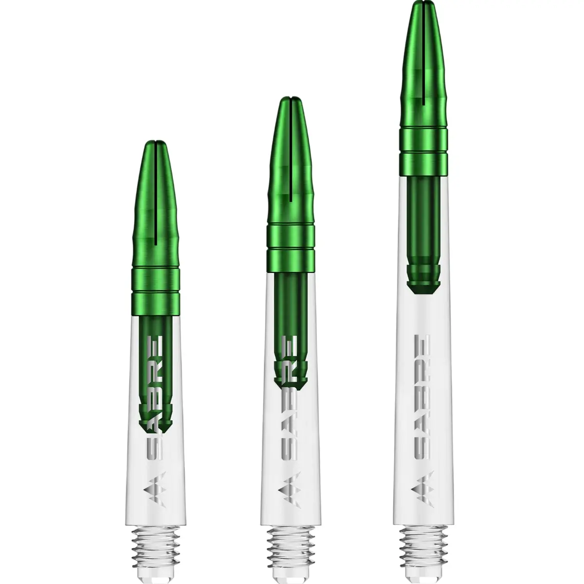 Mission Sabre Dart Shafts in Klar-Grün. Set-Übersicht der Größen Short, Midi und Medium. Transparentes Polycarbonat-Unterteil mit grün eloxiertem Aluminium-Top für festen Flight-Halt.