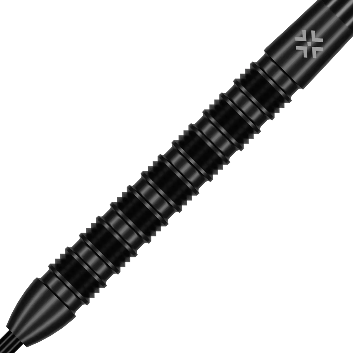 Bullet Shadow Steeldarts Barrel in diagonaler Nahaufnahme mit schwarzem Ringgrip