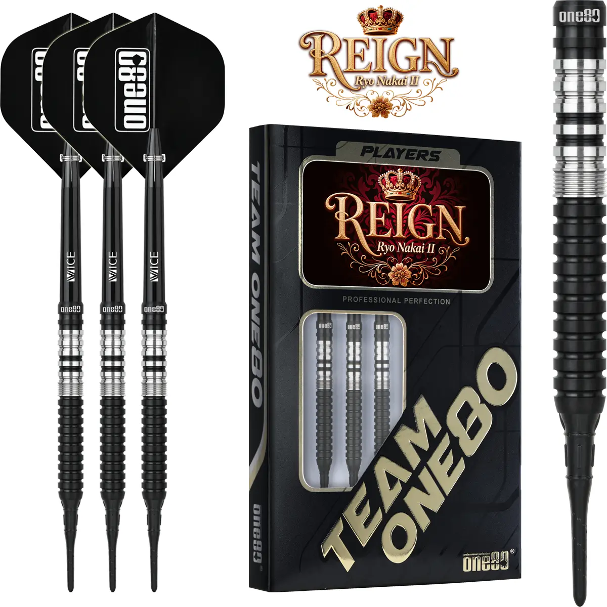One80 Ryo Nakai Signature V2 Black Softdarts Set – 20 g Tungsten One80 Ryo Nakai Signature V2 Black Softdarts Set mit Verpackung, Flights und Shafts