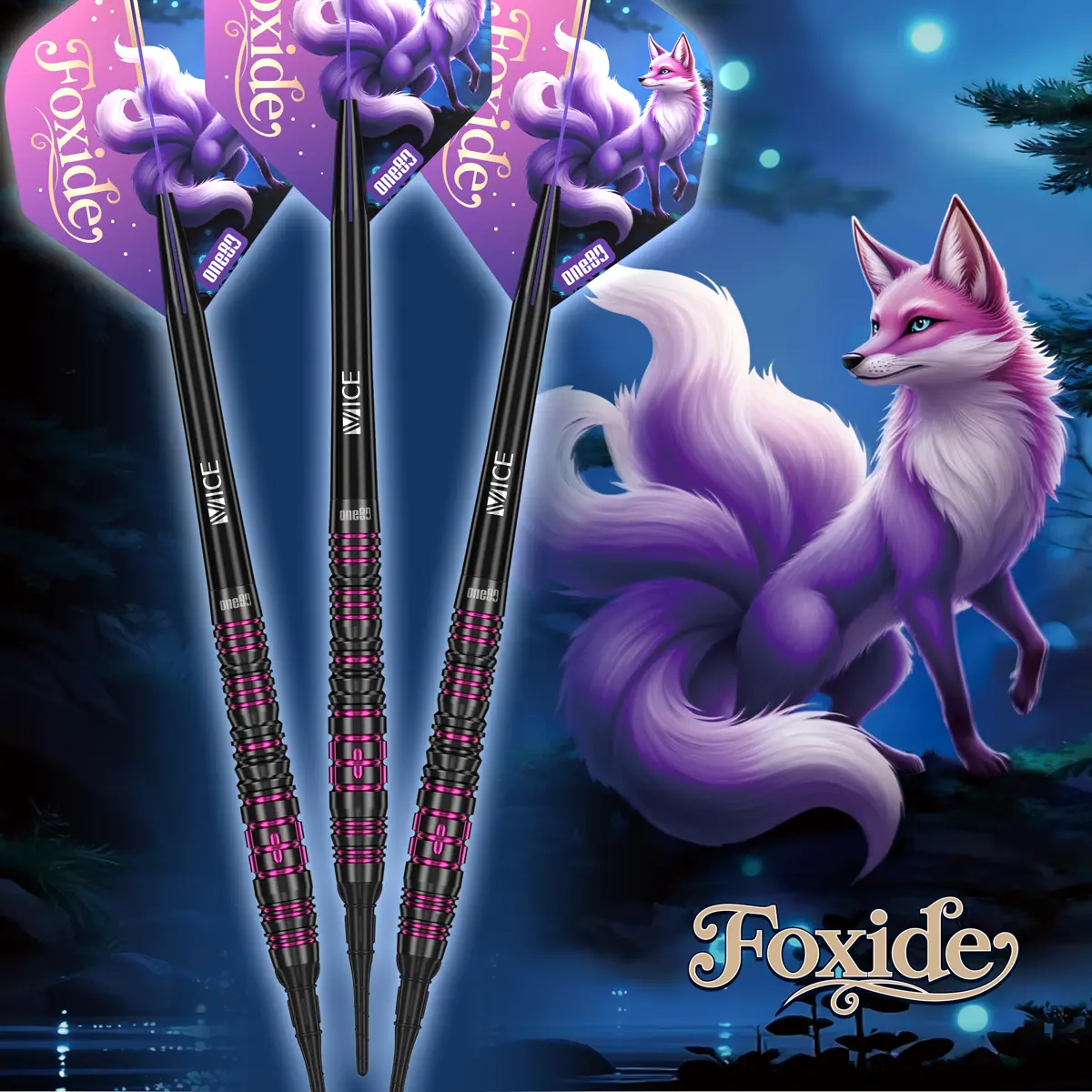 One80 Foxide F4 Softdarts mit Foxide Serienmotiv und violettem Design