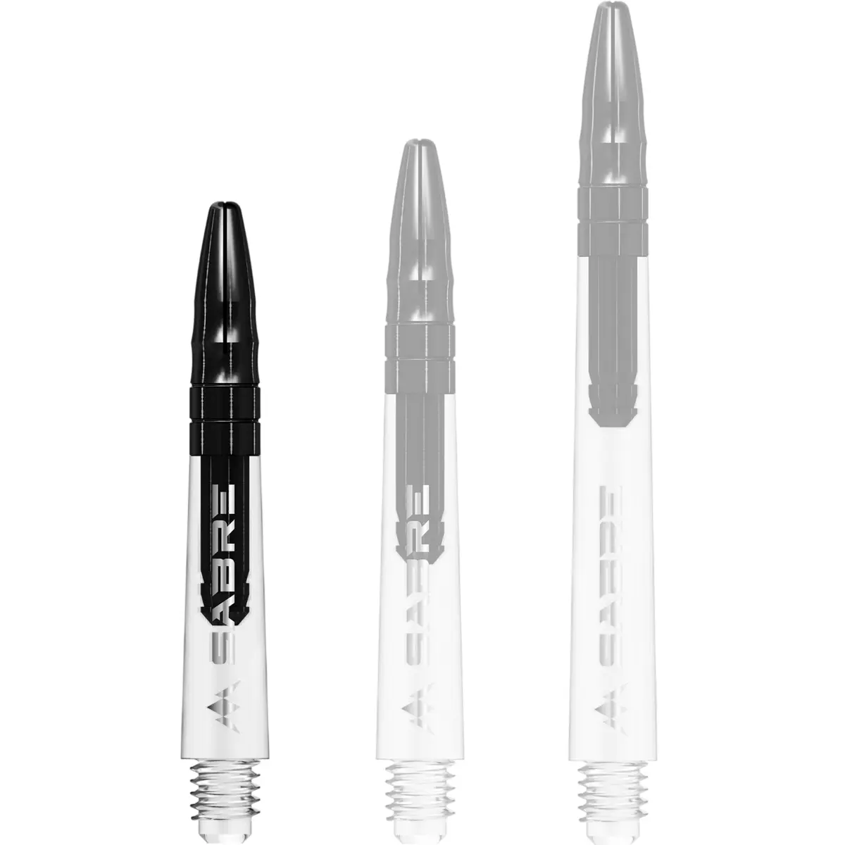 Mission Sabre Dart-Schaft in Klar-Schwarz, Größe Short. Kurzer Hybrid-Shaft mit kristallklarem Body und schwarzem Alu-Aufsatz für festen Flight-Halt.