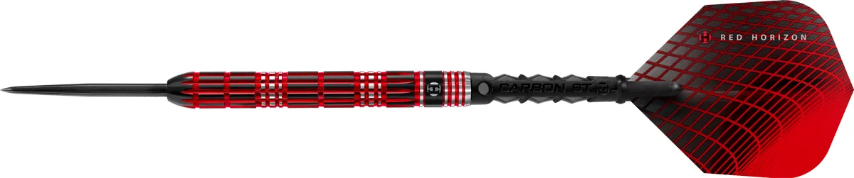 Harrows Red Horizon Steeldart 23g in seitlicher Komplettansicht mit geradem 90 % Tungsten Barrel
