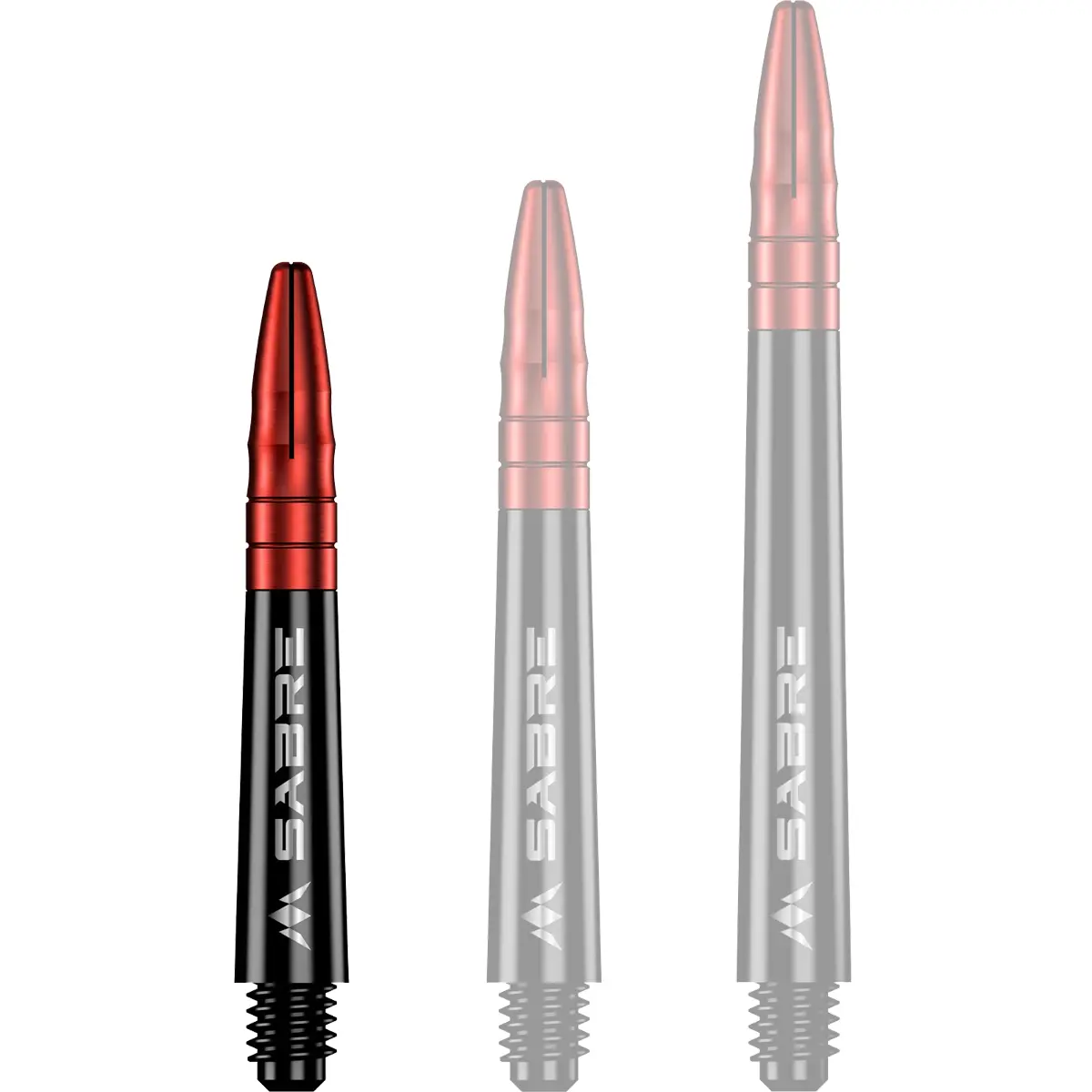Mission Sabre Dart-Schaft in Schwarz-Rot, Größe Short. Kurzer Hybrid-Shaft mit rotem Aluminium-Aufsatz. Perfekt für ein kompaktes und stabiles Darts-Setup.