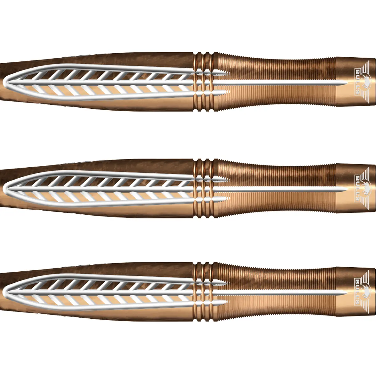 Bull's NL Bronzo Flux Softdarts Barrel Detail – 90 % Tungsten, 18 g Bull's NL Bronzo Flux Softdarts Barrel 90 % Tungsten, 18 g – Detailansicht mit Micro-Ringgrip und hinterer Griffmulde