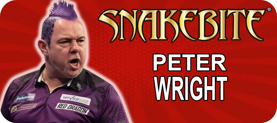 Red Dragon Snakebite Banner mit Peter Wright in lila Trikot und roter Hintergrundgrafik