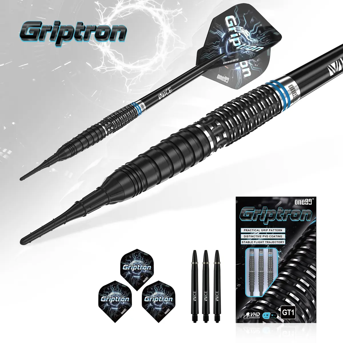Drei One80 Griptron GT1 Softdarts mit Griptron Flights, Vice Shafts und schwarzem 90 % Tungsten Barrel