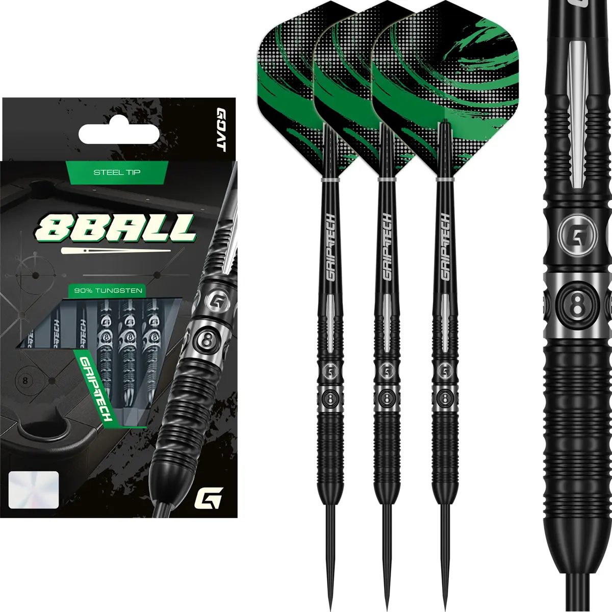 GOAT 8-Ball Steeldarts Komplettset mit schwarzem Barrel und 8-Ball Design