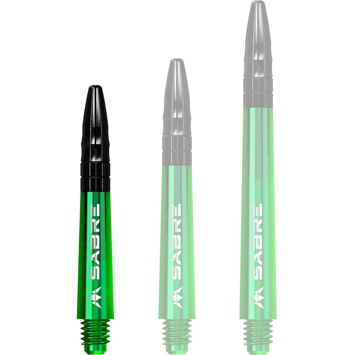 Mission Sabre Dart-Schaft in Grün-Schwarz, Größe Short. Kurzer Hybrid-Schaft mit grünem Polycarbonat-Körper und schwarzem Aluminium-Aufsatz.