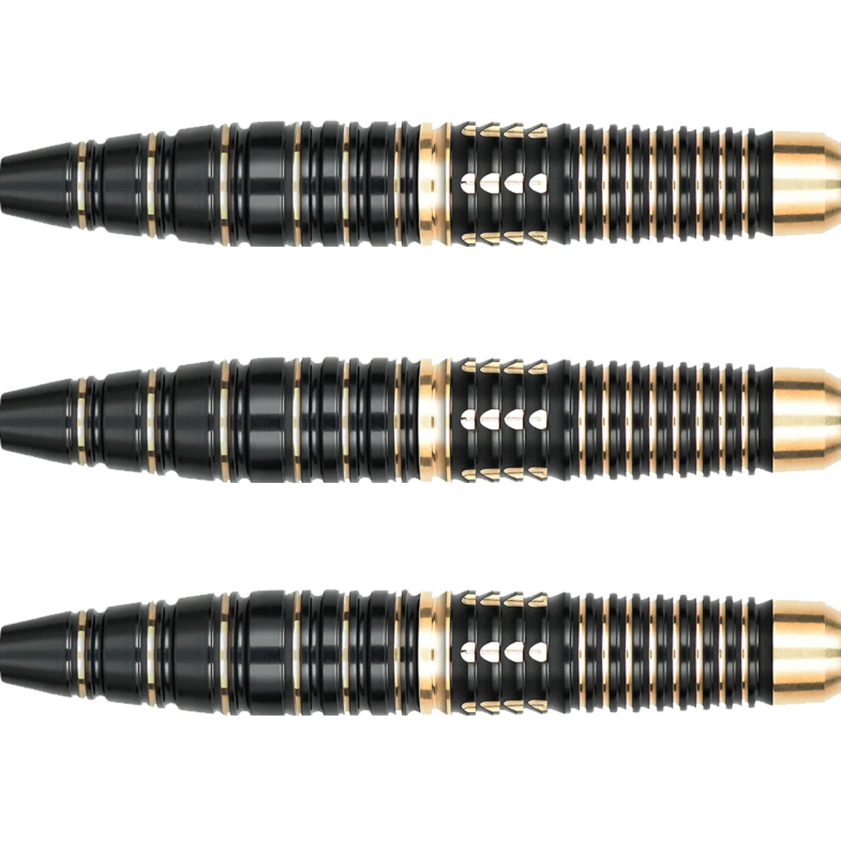 Nahaufnahme der One80 Mobilizer 04 Steeldart Barrels mit starkem Ringgrip und goldenen Akzenten