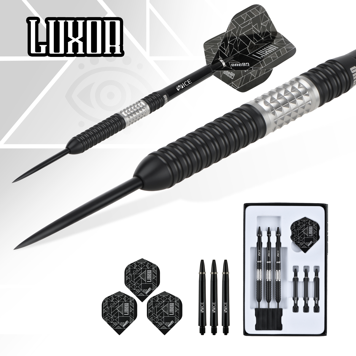 One80 Luxor II Iota Steeldarts im Set mit Zubehör Shafts und Flights