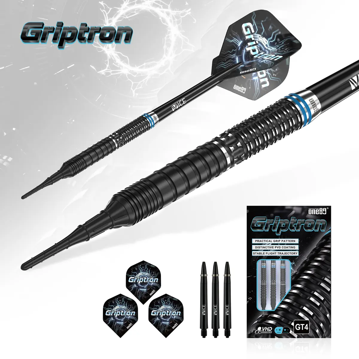 One80 Griptron GT4 Softdart in dynamischer Darstellung mit Gripstruktur und schwarzem PVD-Finish