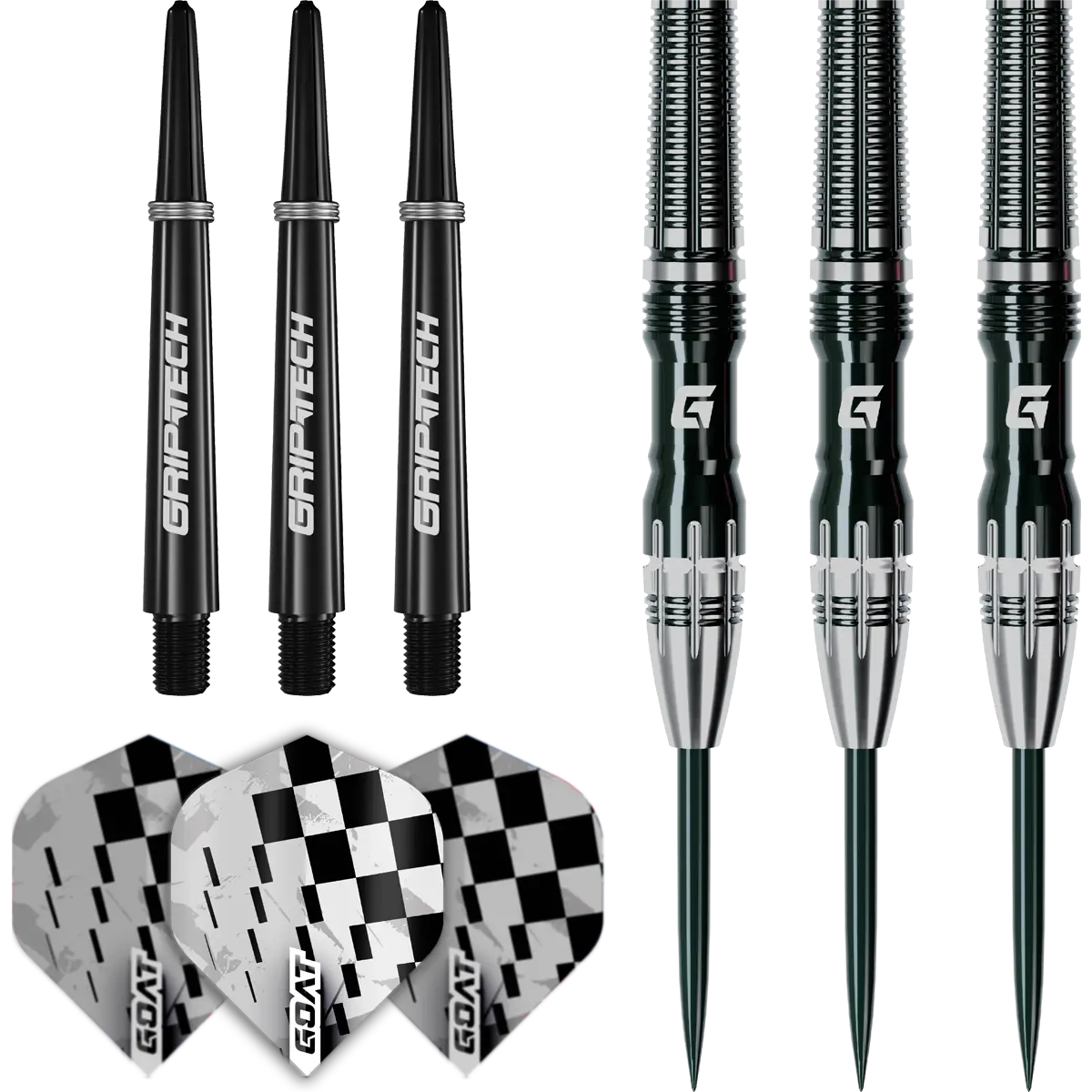 Lieferumfang der GOAT Rook Steeldarts mit Shafts, Flights und Deluxe-Verpackung
