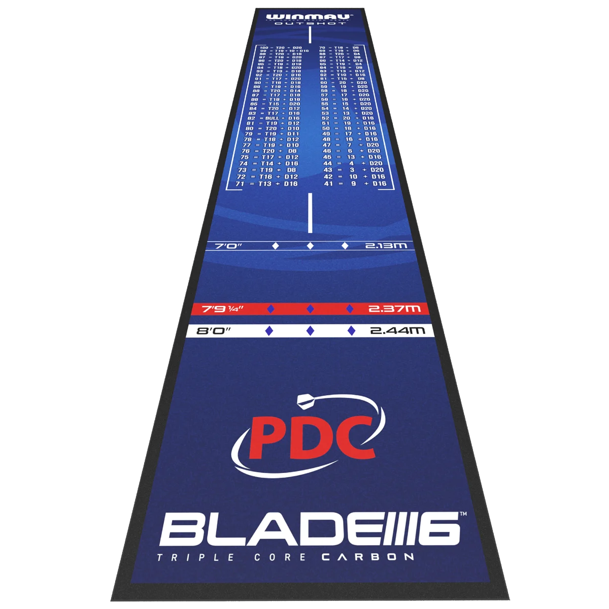 Winmau Outshot Dartmatte ausgelegt Winmau Outshot Dartmatte komplett ausgelegt, offizielle Abwurflinien und Checkout-Tabelle sichtbar