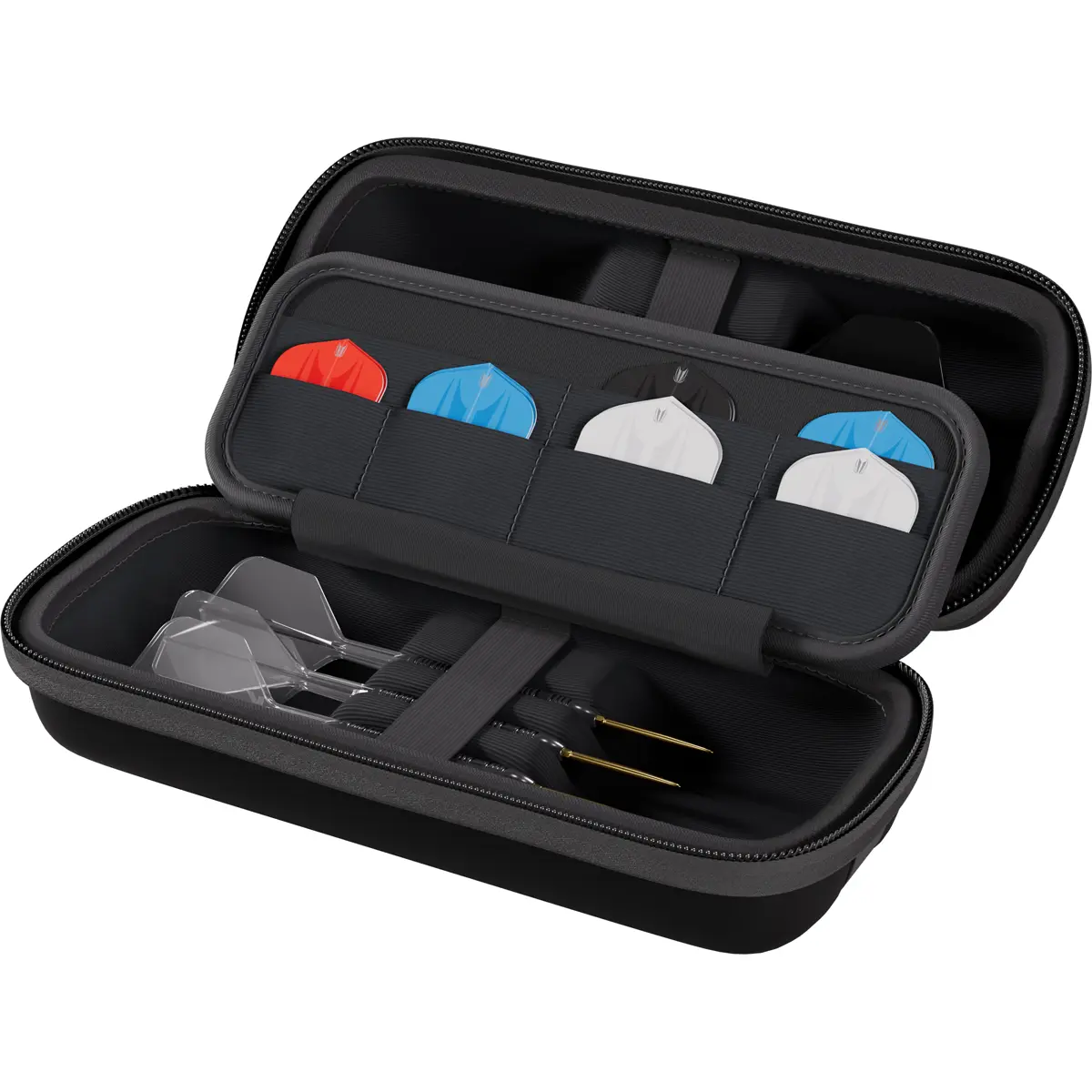 Target BOA Darttasche Schwarz geöffnet mit Darts und Flights – Beispielbefüllung