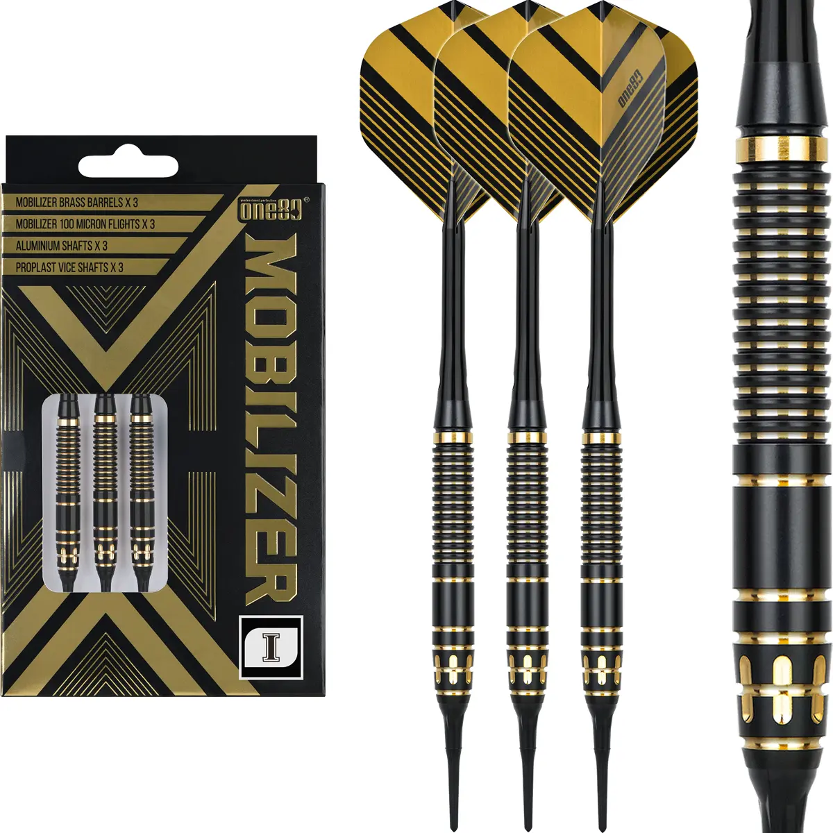 One80 Mobilizer 1 Softdarts Komplettset mit Brass Barrels, Flights, Schäften und Softdartspitzen