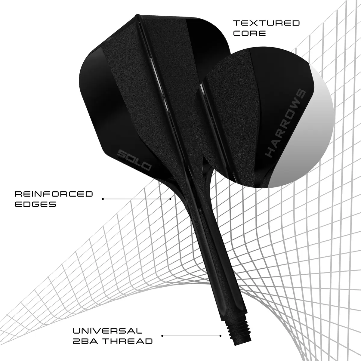Detailansicht des Harrows Solo Flight-Shaft System No.6 in Schwarz mit strukturierter Mittelzone, verstärkten Kanten und 2BA-Gewinde