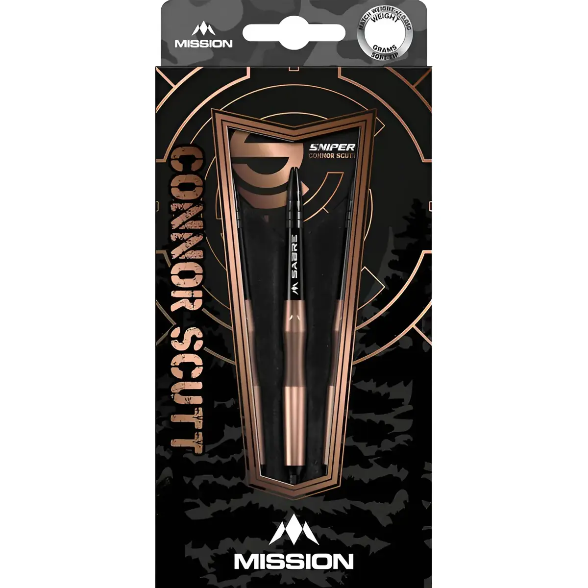 Mission Connor Scutt V2 Softdarts 18g – Verpackung mit Spielerdesign und Sniper Branding