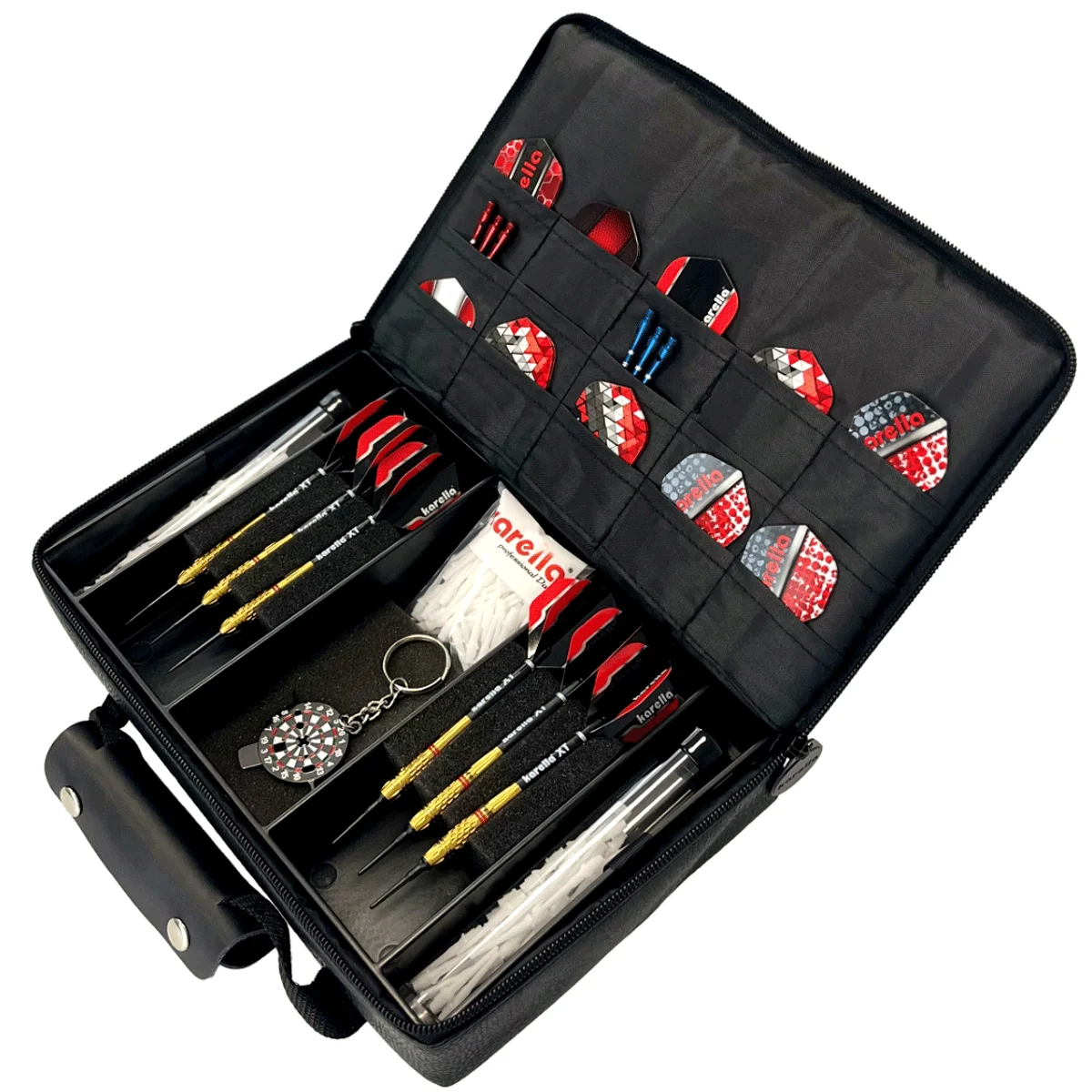 Karella Master PAK Leder Edition – Geöffnet mit Darts und Zubehör Karella Master PAK Leder Edition geöffnet – Innenansicht mit montierten Darts und Zubehör
