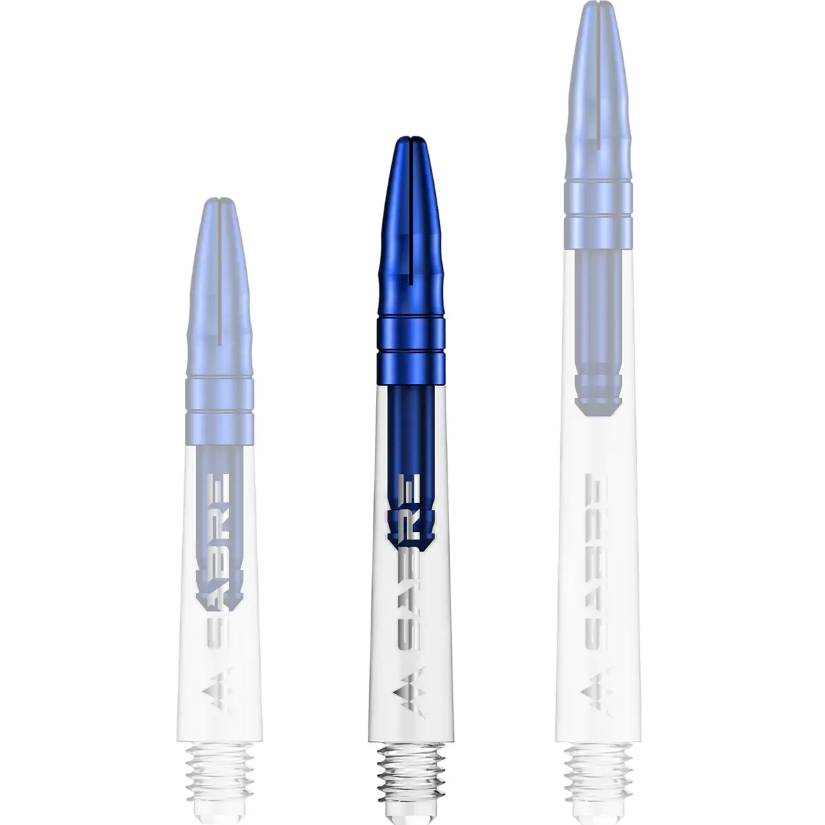 Mission Sabre Dart-Schaft in Klar-Blau, Größe Midi (Intermediate). Die perfekte Mischung aus transparentem Design und kühlen blauen Farbakzenten.