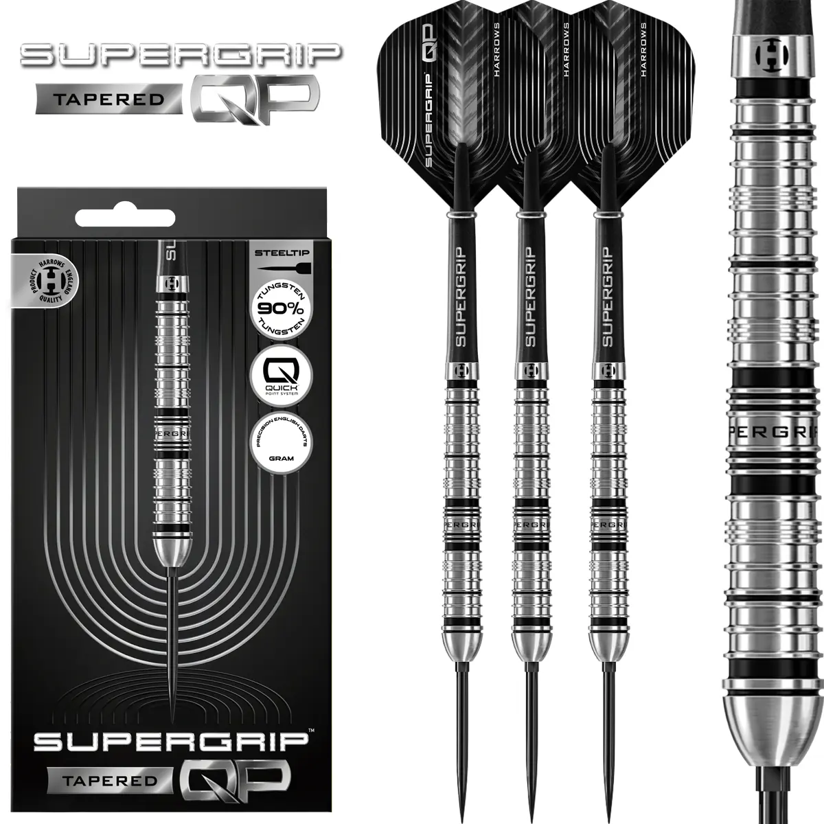 Harrows Supergrip Quick Point Steeldarts – Verpackung und Gesamtansicht Harrows Supergrip Quick Point Steeldarts in Verpackung – Set mit drei Darts und 90 % Tungsten Barrels