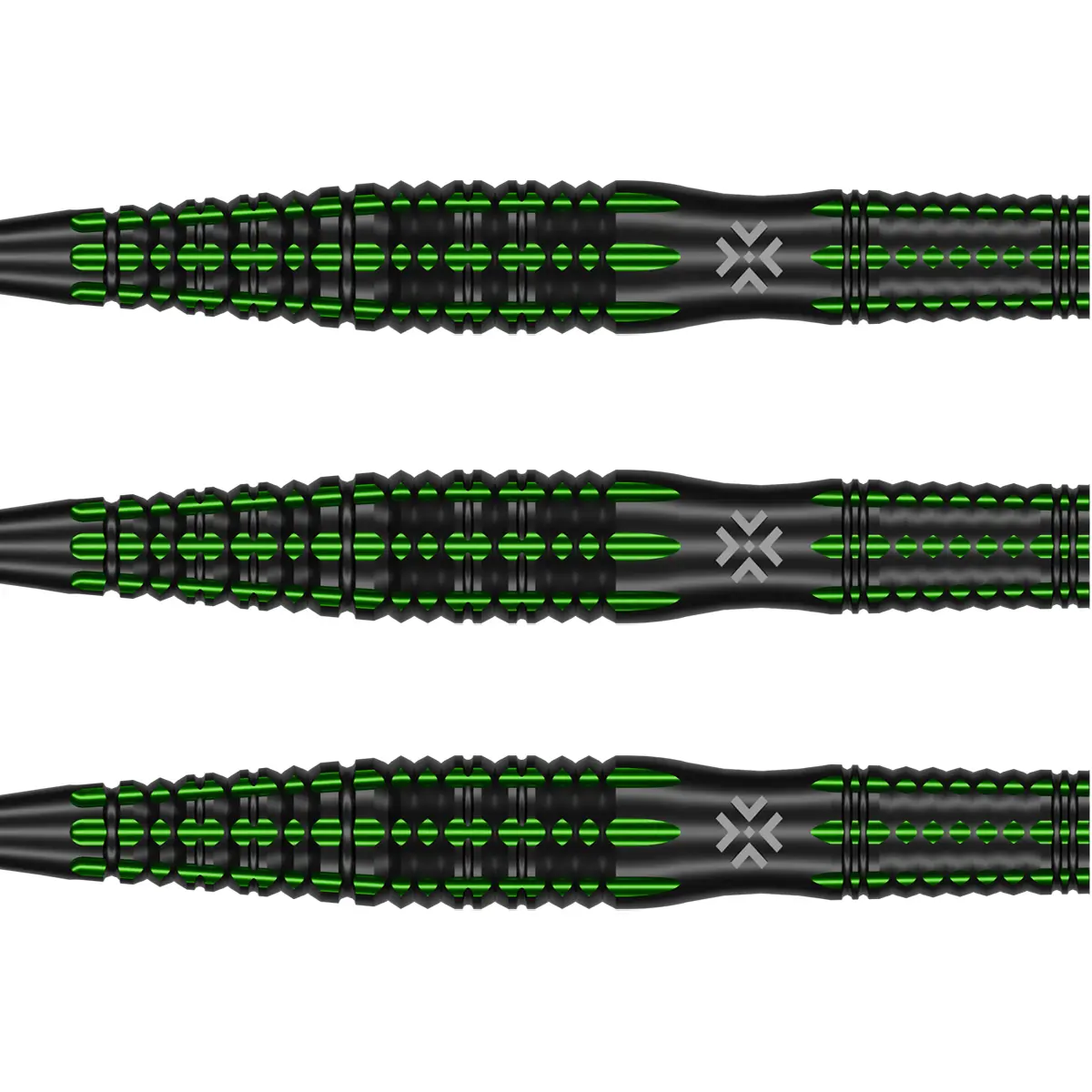 Drei Bullet Poison Steeldarts Barrels in Nahaufnahme mit grünem Inlay