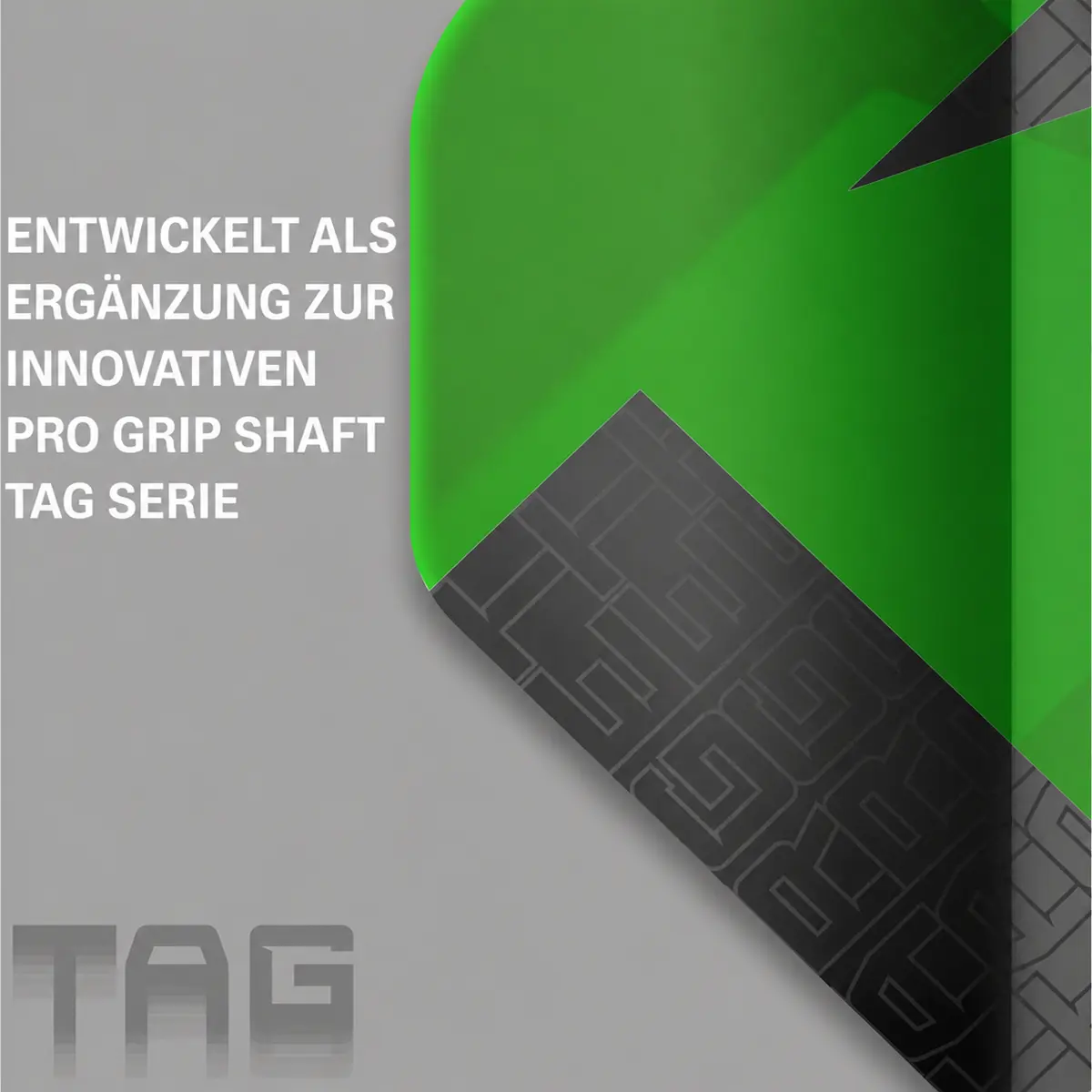 Werbegrafik der Target TAG Flights No6 grün als Ergänzung zur innovativen Pro Grip Shaft TAG Serie