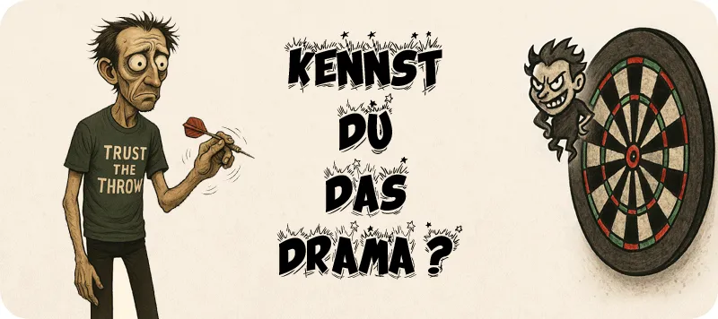 Comiczeichnung eines gestressten Dartspielers mit Dartitis, der den Pfeil nicht loslassen kann – sichtbar angespannt und überfordert.