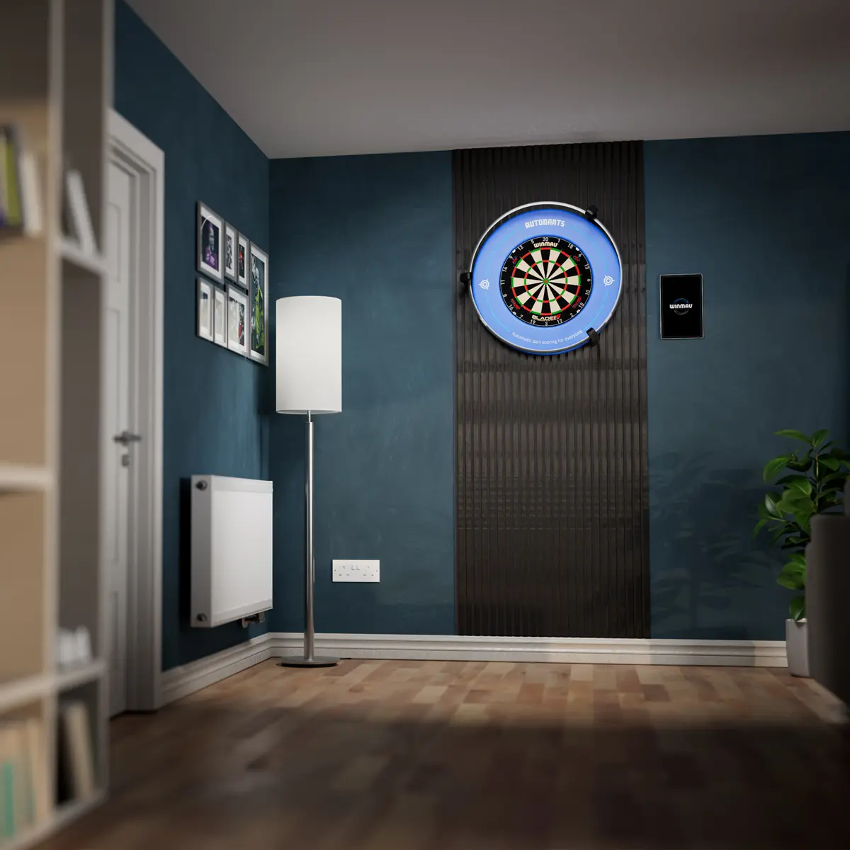 Autodarts Vantage Autoscoring System montiert im Dartzimmer mit Winmau Plasma Beleuchtung und Steeldartboard