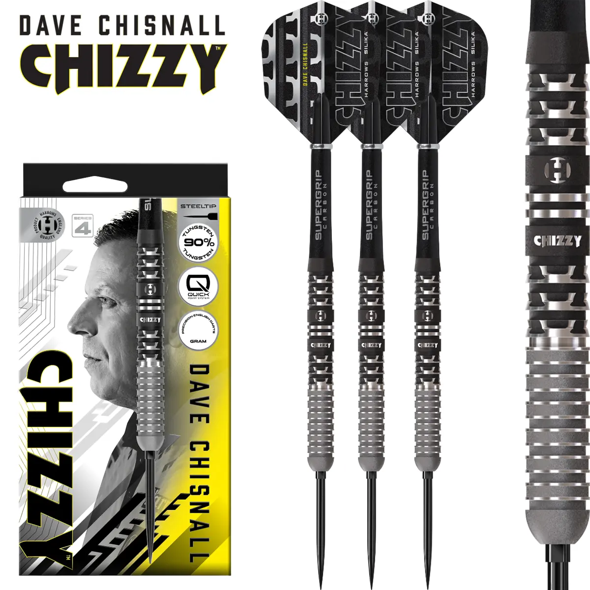 Harrows Dave Chisnall Series 4 Steeldarts mit Silika Flights und Supergrip Carbon Shafts – schwarz-silber, sandgestrahlte Grip-Zonen
