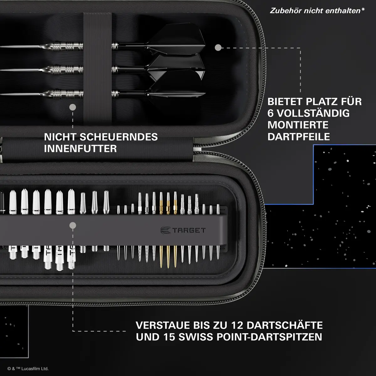 Innenansicht des Target Star Wars R2-D2 BOA Dart Wallets mit Platz für montierte Dartpfeile, Dartschäfte und Swiss Point Spitzen.
