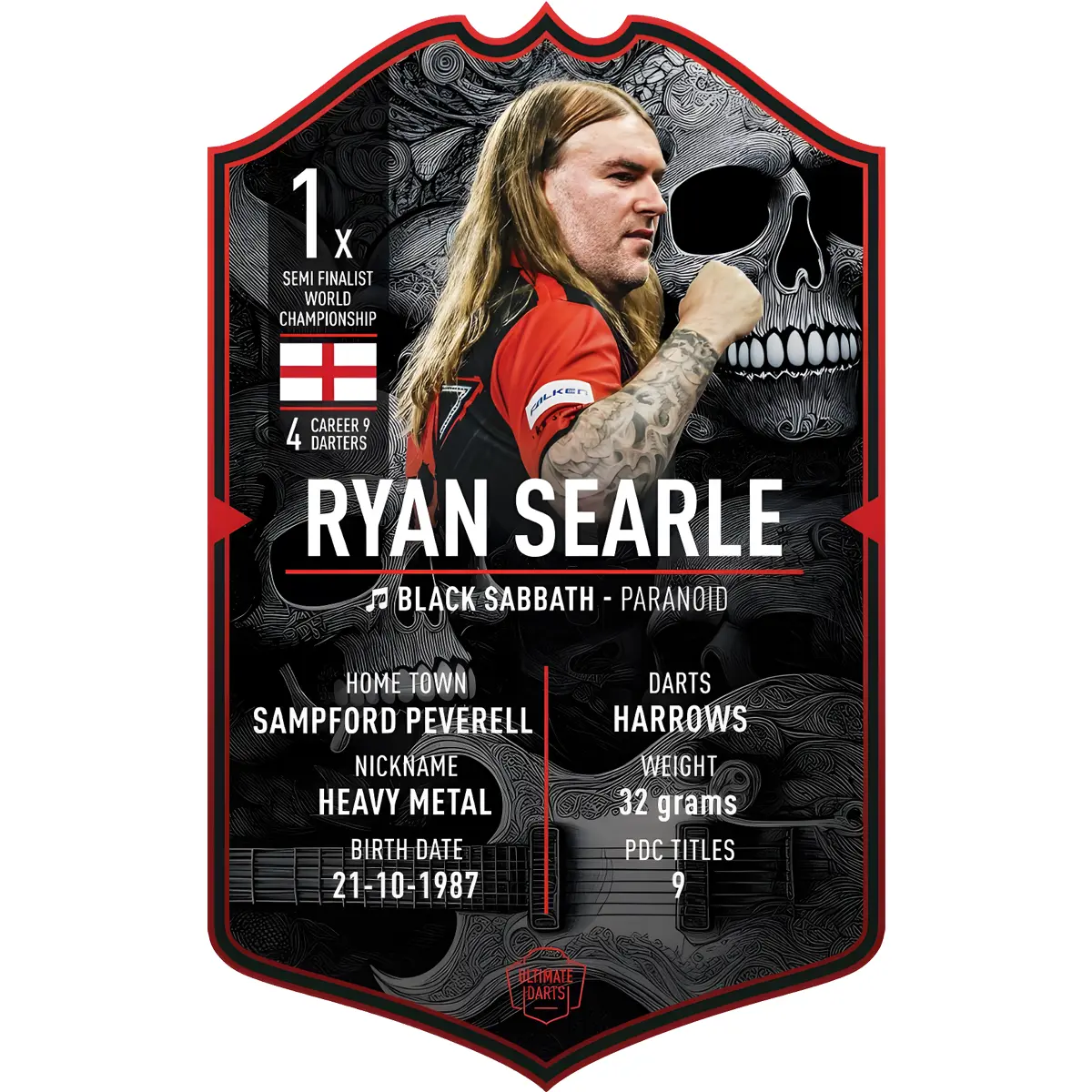 Ryan Searle Ultimate Darts Card 2026 mit Spielerporträt, Heavy-Metal-Design und Statistikdaten