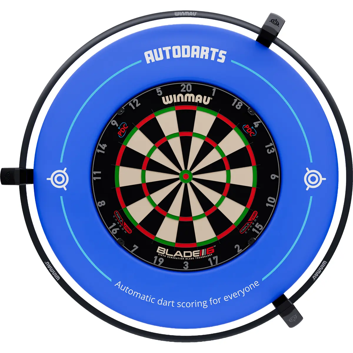 Frontansicht des Autodarts Vantage Autoscoring Systems mit montierten Kameraarmen