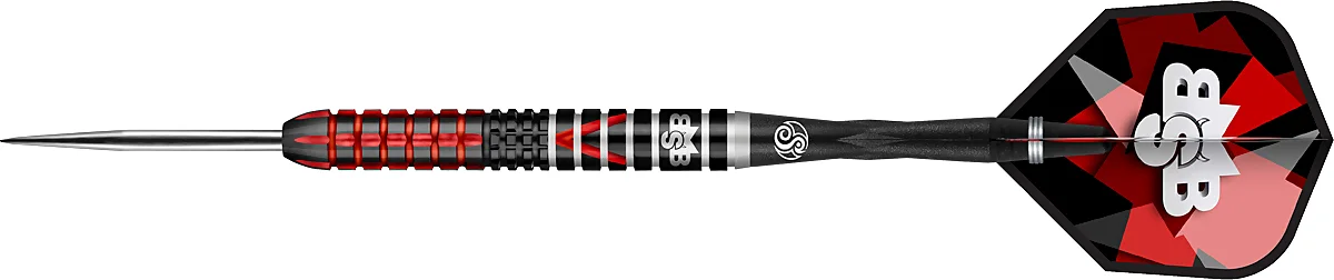 Shot Michael Smith Defiant Steeldart Seitenansicht – präzises Barreldesign mit Power Grip Seitenansicht des Shot Michael Smith Defiant Steeldarts mit BSB Flight und Carbon Shaft