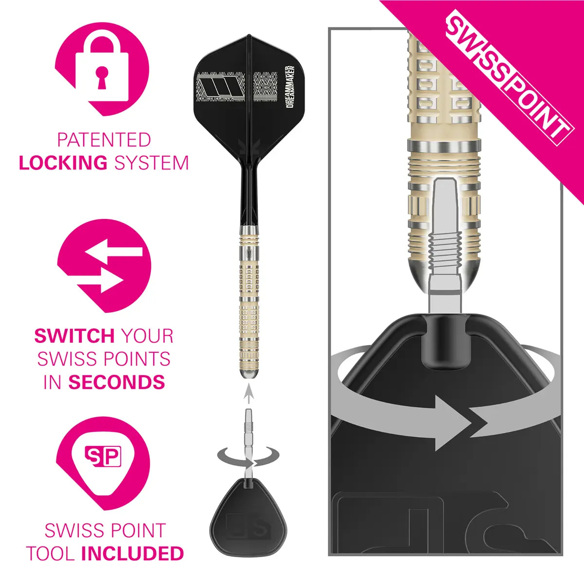 Target Dimitri Van den Bergh 95K Swiss Point Steeldart mit Wechselspitzen-System und beiliegendem Swiss Point Tool – Anleitung