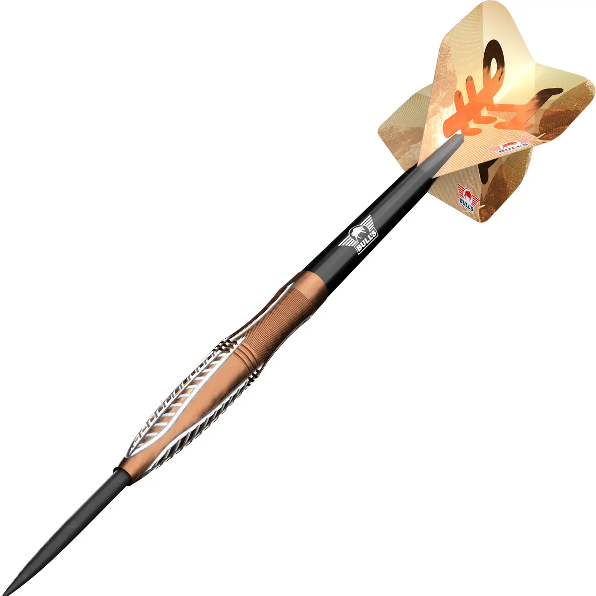 Bulls NL Bronzo Flux Steeldart mit montierten Shafts und Flights in dynamischer Perspektive