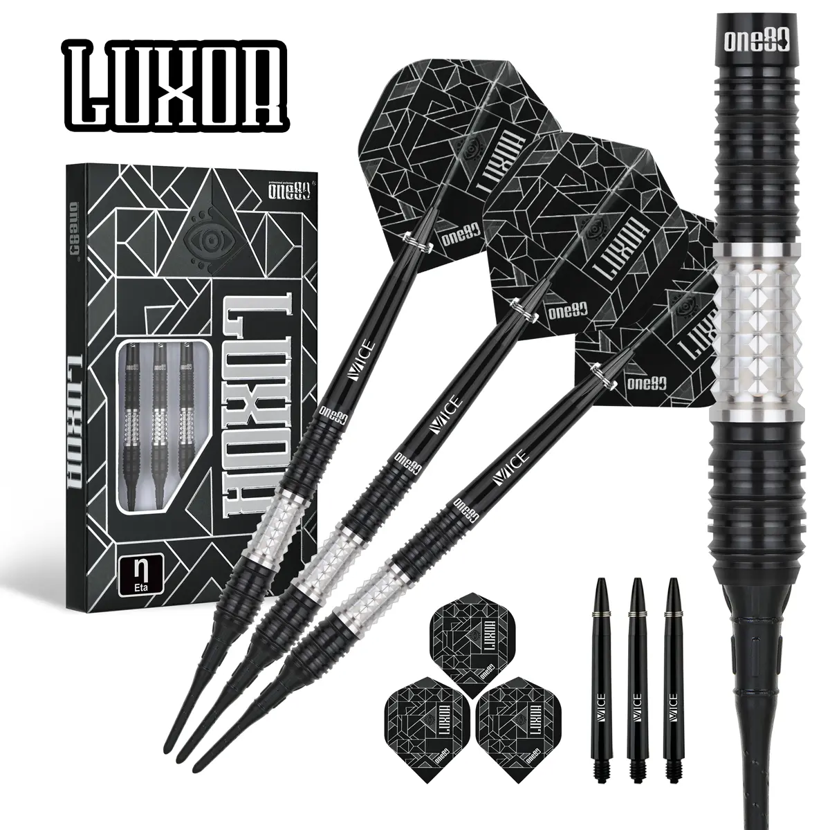 One80 Luxor II Eta Softdarts – Komplettansicht mit Flights und Shafts One80 Luxor II Eta Softdarts Komplettansicht – schwarze Flights mit Luxor-Design, 90 % Tungsten