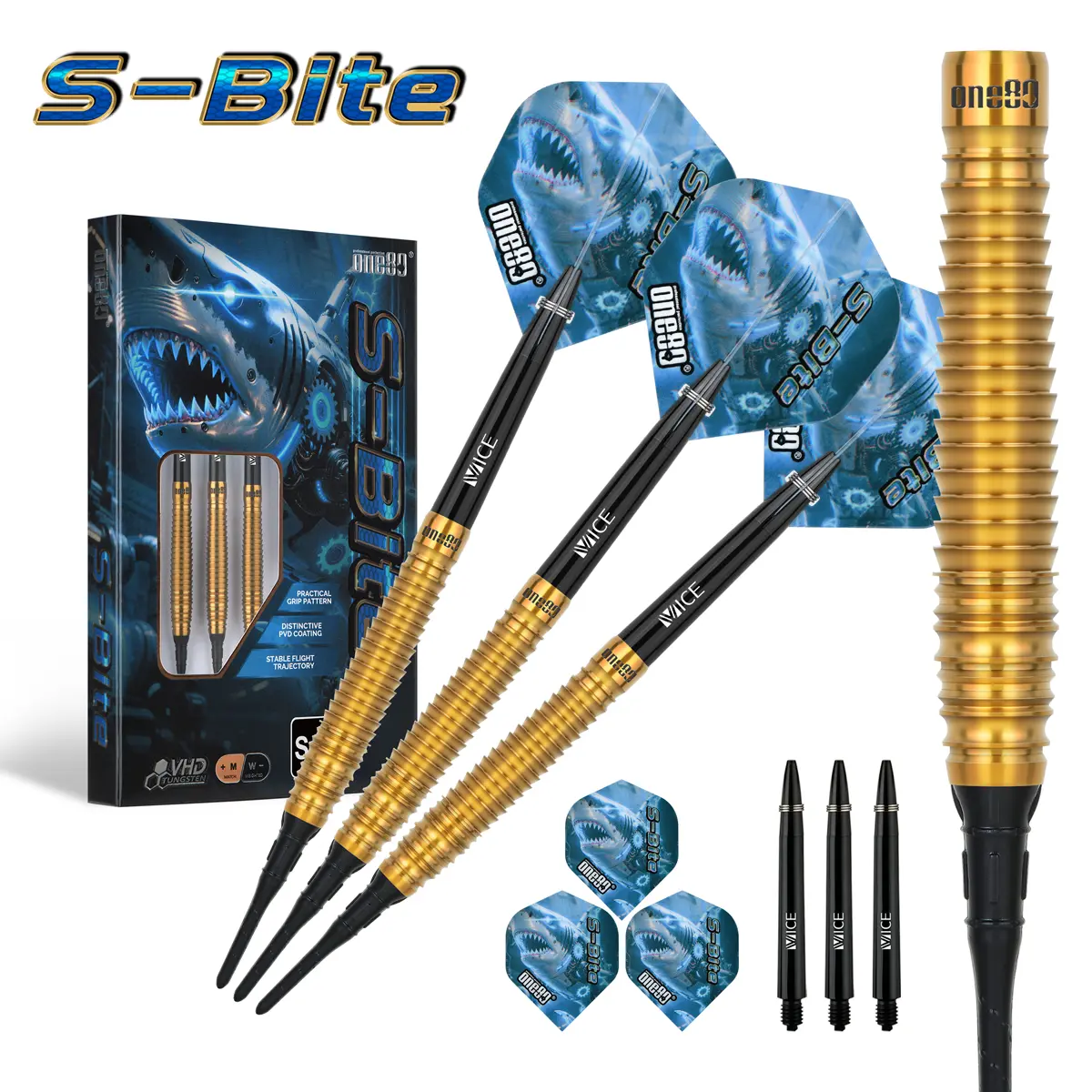 One80 S-Bite S B2 Softdarts komplett montiert mit blauen Flights
