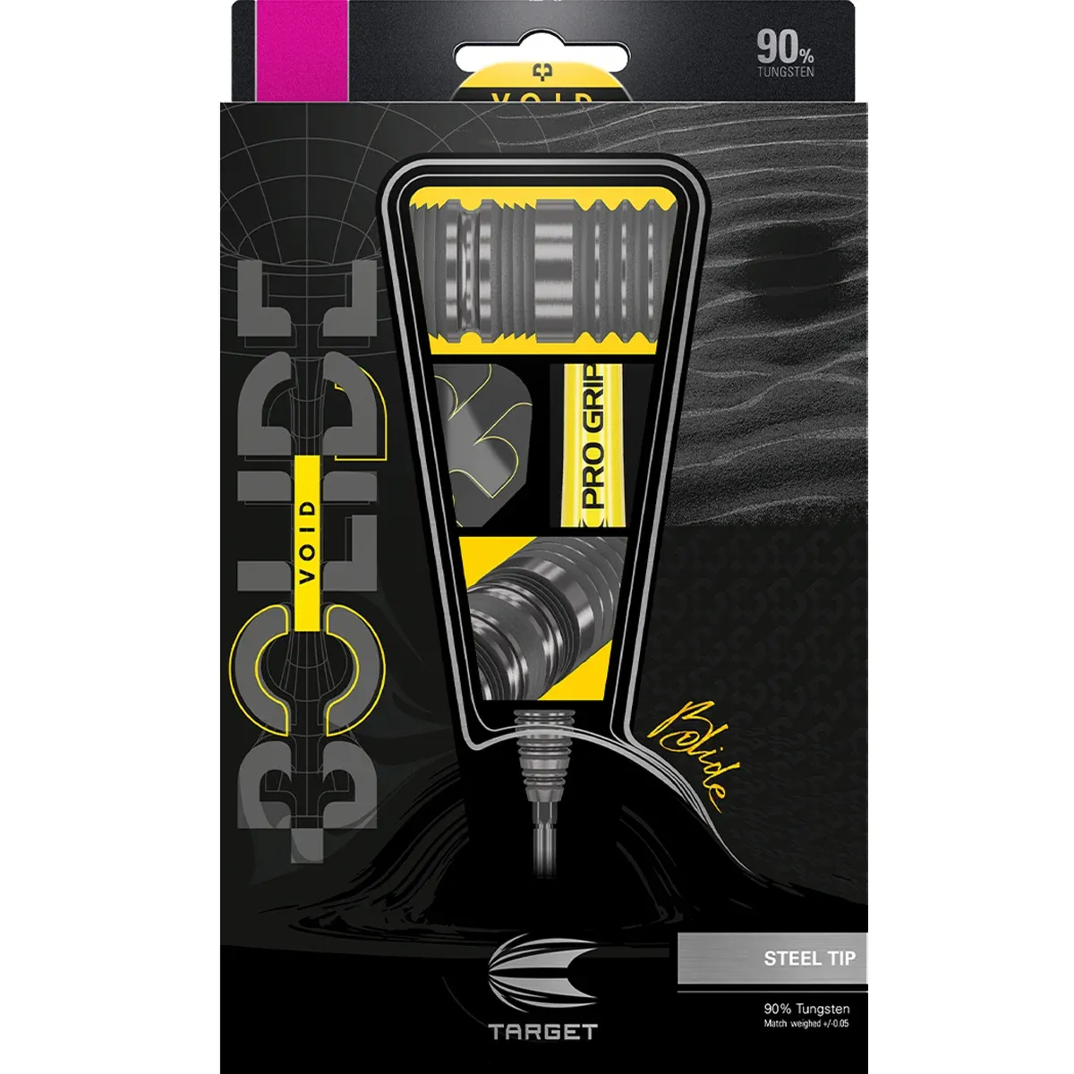 Originalverpackung der Target Bolide Void 02 Swiss Point Steeldarts in edlem Schwarz-Gelb-Design.