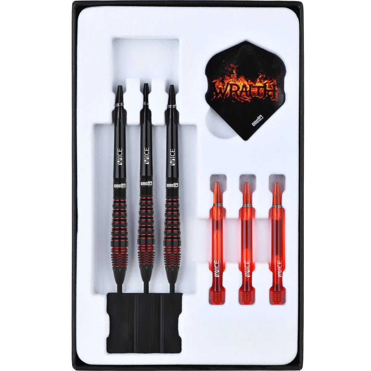 Inlay der One80 Wraith W4 Steeldarts mit Shafts, Flights und Zubehör