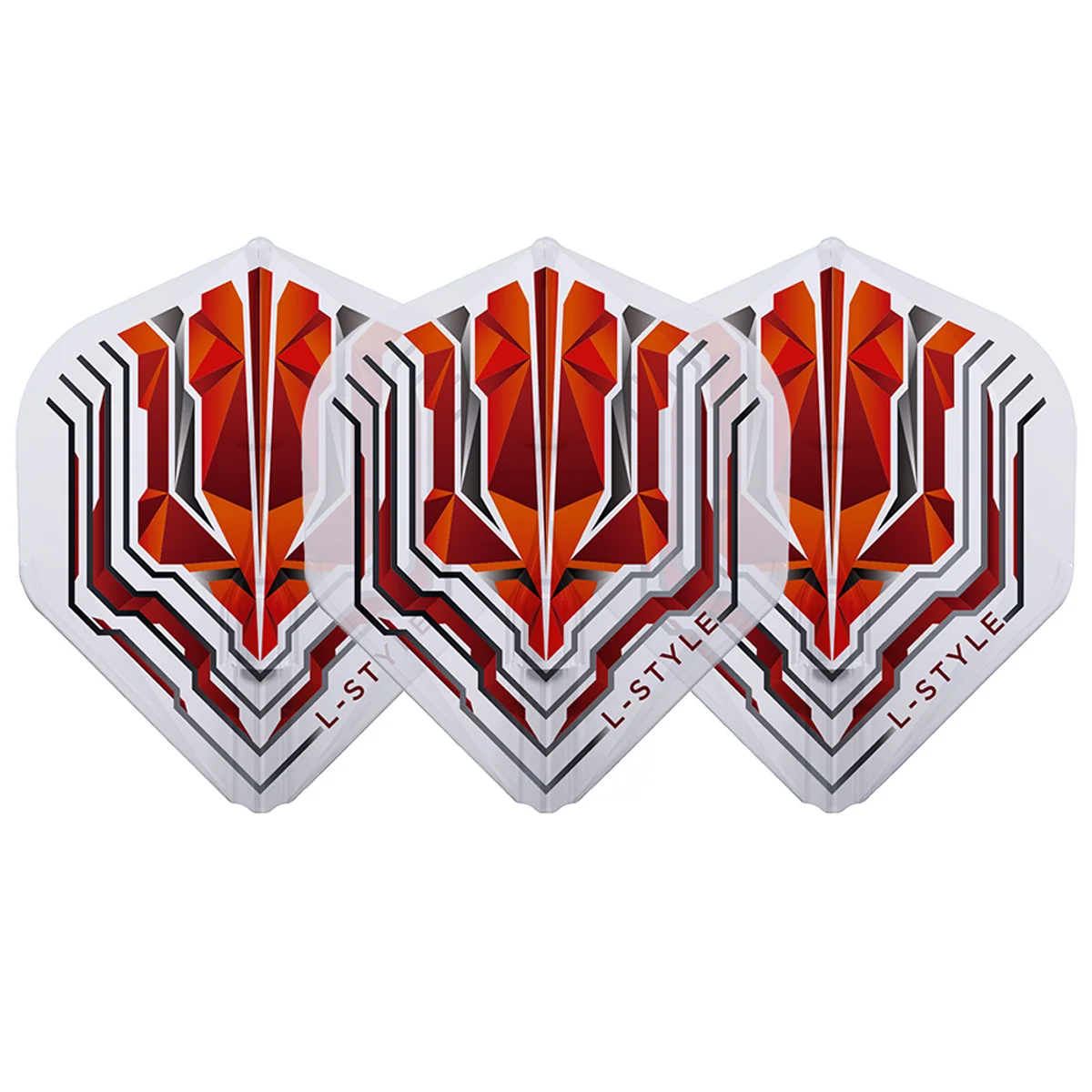 Drei L-Style Origin EZ L1 Flights in kräftigem Rot und Schwarz; Darstellung der klassischen Standard-Form mit dauerhaft stabilem 90-Grad-Winkel.