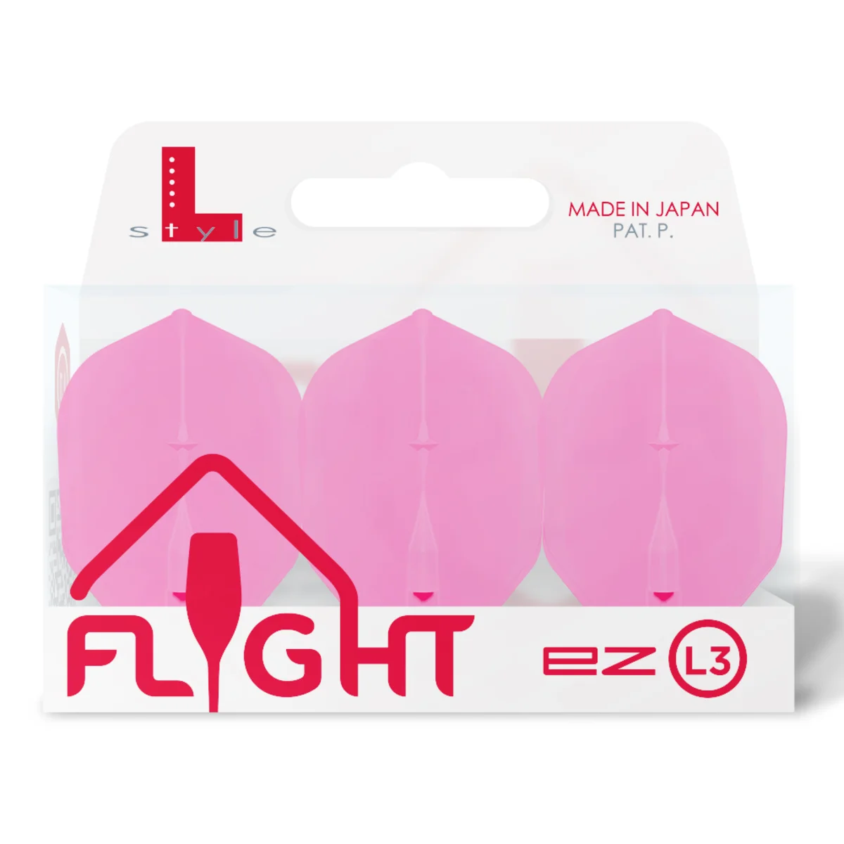 er Set der L-Style EZ L3 Shape Flights in Pink in der Originalverpackung. Hochwertiges Dart-Zubehör für maximale Sichtbarkeit am Board.