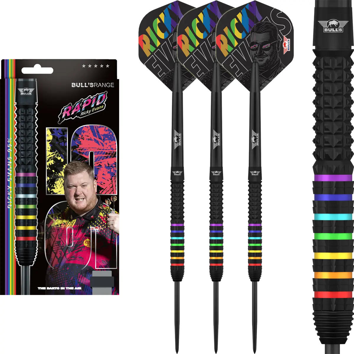 Bull’s NL Ricky Evans 95 % Steeldarts 23 g mit drei montierten Darts, schwarzem Barrel und Rainbow-Gripringen