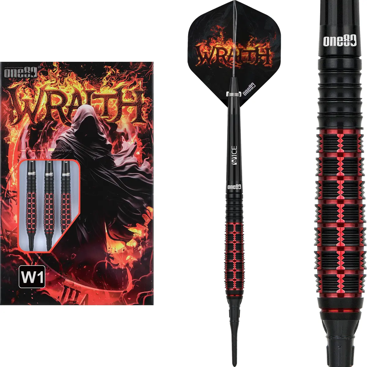 One80 Wraith W1 Softdarts im Set: Verpackung, komplett montierter Dartpfeil und Detailansicht des schwarzen Tungsten Barrels mit Multi-Grip und roten Akzenten.